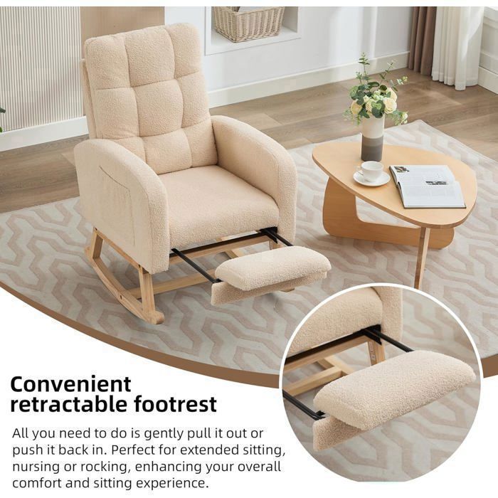 Mecedora - LEMONBEST - Reposapiés extensible 132×50×99 cm - Terciopelo Teddy - Madera maciza - Beige