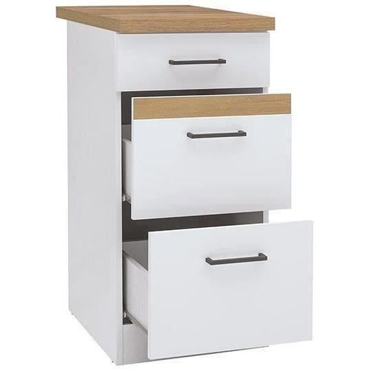 Mueble bajo de cocina JUNONA de 40 cm - 3 cajones + encimera - Blanco brillante