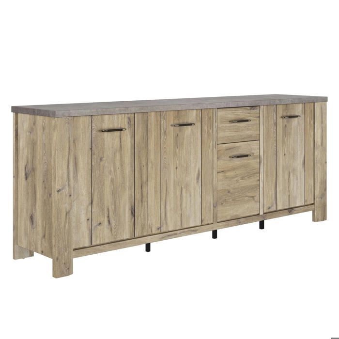 Credenza a quattro ante con finitura effetto rovere chiaro e rivestimento minerale.