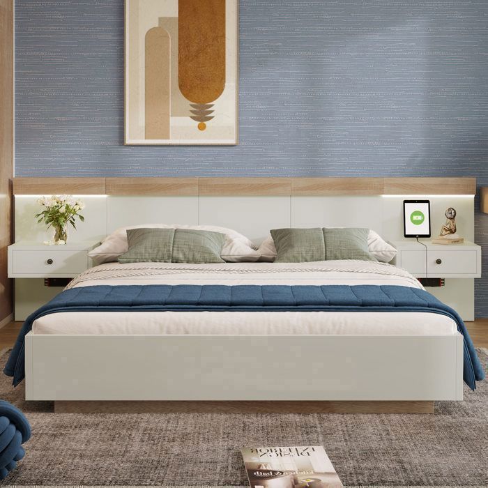 Cama doble MODFU, cama para adultos de 160x200 cm con 2 mesitas de noche LED e interfaz USB-C, madera, blanco y roble, colchón no incluido.