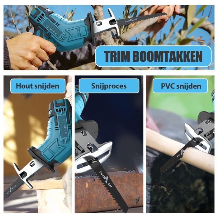 Draadloze reciprozaag, 3500 slagen/min, borstelloze motor, met 2 x 3,0 Ah accu's en lader, voor het zagen van hout.