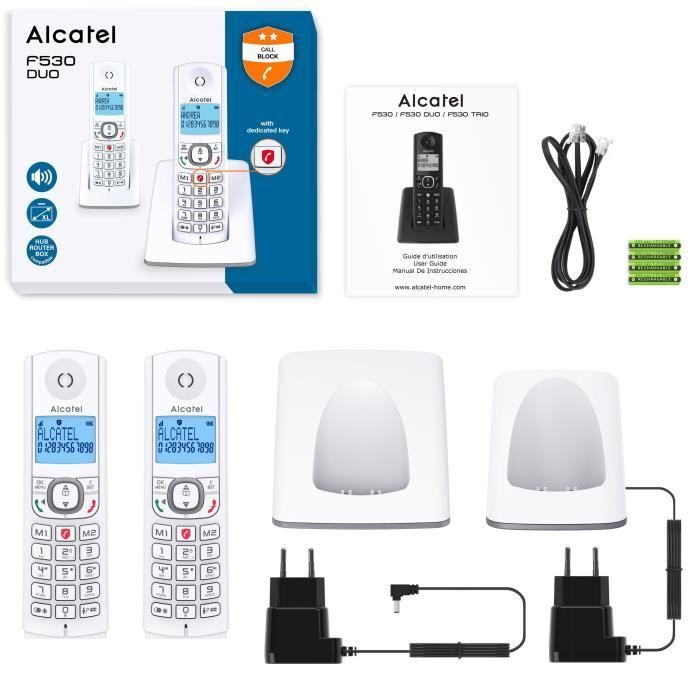 Telefone sem fio - ALCATEL - F530 Duo - 2 aparelhos, bloqueio de chamadas, viva-voz, 2 números de discagem rápida, branco/cinza