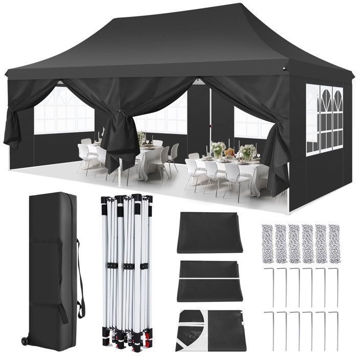 3x6 Folding Gazebo, Outdoor Waterproof Garden Gazebo, Reception Tent with 6 Side Panels, UV 50+ Tent, Black