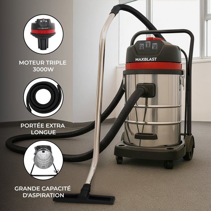 Set aspirapolvere industriale per solidi e liquidi, capacità 80 litri, tubo flessibile da 5 m e accessori.