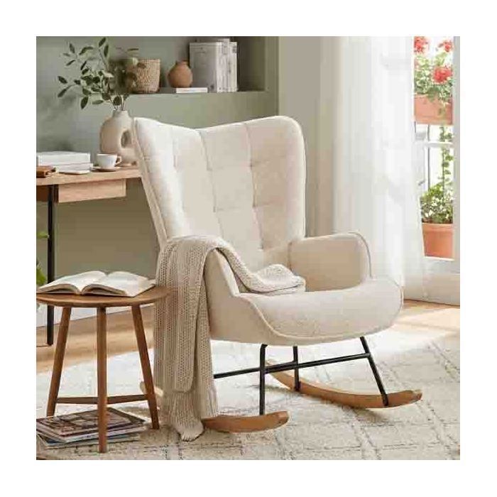 Rocking Chair 68x75x92cm - High Ergonomic Backrest - Wood and Metal Legs - Scandinavian Style - Beige Bouclé Fabric