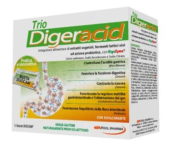 POOL PHARMA Trio Digeracid Suplemento alimentar contra azia e hiperacidez 12 sachês sem glúten