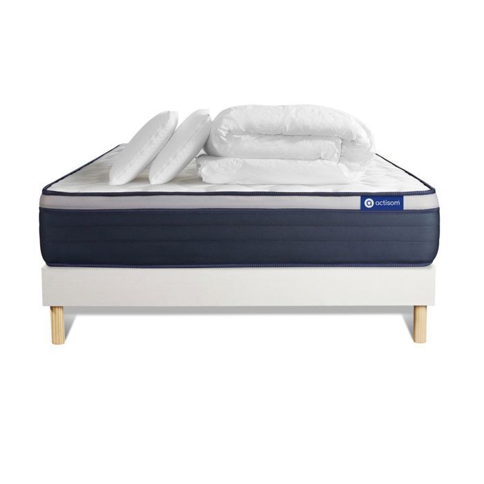 Complete bed set 140x200 cm - Mattress + White bed base (assembly required) + 2 pillows + Duvet - Actimemo Ma