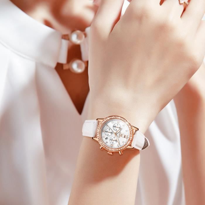 Orologio da donna SHARPHY luminoso, multifunzione e impermeabile con cinturino in pelle bianca e design con diamanti: alla moda, elegante e lussuoso.