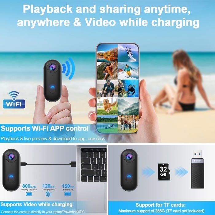 Sports Camera - OBEST - Mini 4K WiFi - IP68 Waterproof - 120° Wide Angle - 800 mAh Battery