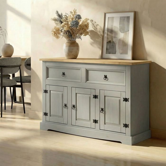 Buffet salle à manger TEQUILA L 133 cm en bois massif gris avec 3 portes et 2 tiroirs meuble de rangement bas