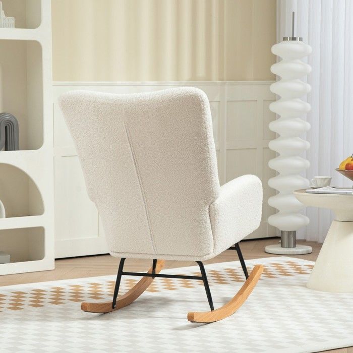 Fauteuil à bascule velours teddy avec accoudoirs - relax pivotant bois - fauteuil d'allaitement crème pour salon/chambre