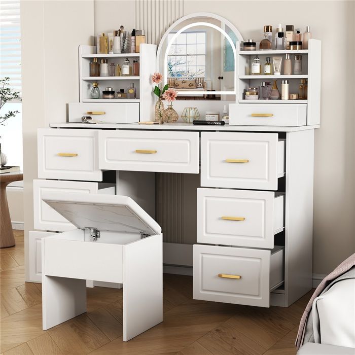 9-Drawer Makeup Table with LED Mirror, White Dressing Table for Bedroom & Living Room (120x40x135cm)
