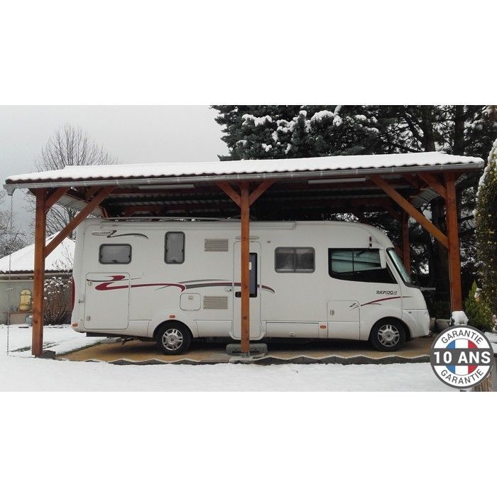 Cochera de abeto Douglas francés para vehículos recreativos, 28 m² – 2 techos inclinados – 6 postes – Refugio exterior para autocaravanas – 10 años de garantía