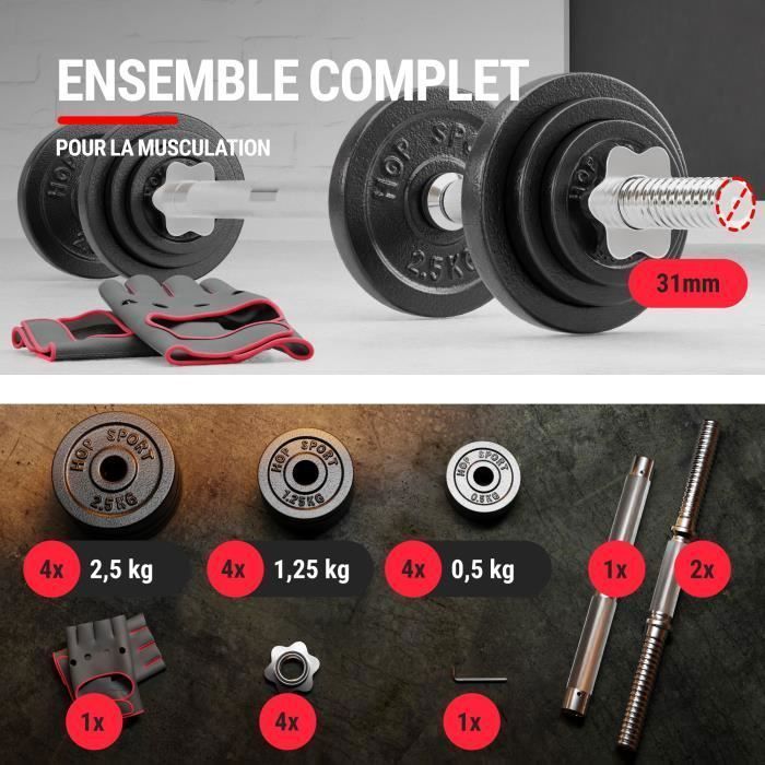 Hop-Sport 2-in-1 Modular Cast Iron Dumbbell Set, 2 Short Dumbbells, 1 Long Barbell, Adjustable 30mm Steel Bar, 2 x 10kg