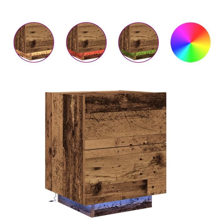 Table de chevet - Vieux bois - 2 tiroirs - LED intégrées - 45x40x55 cm