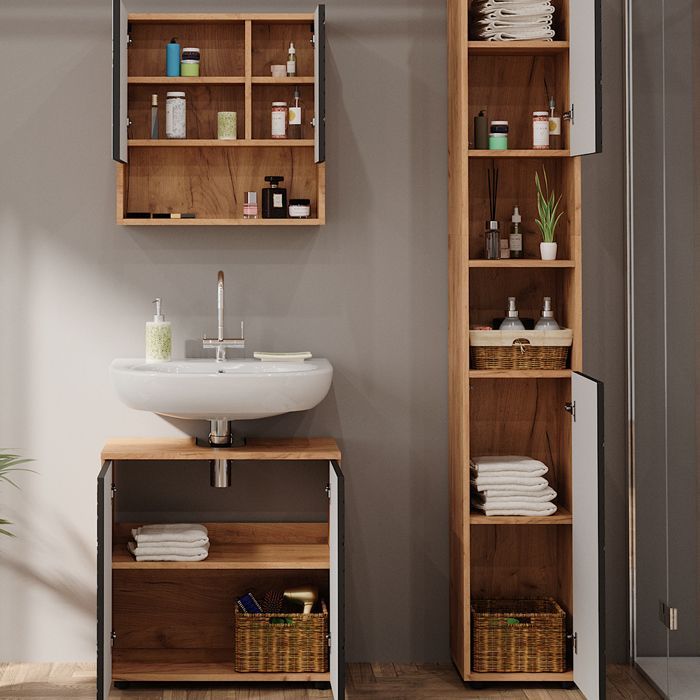 Meubles bain Irma 3 pièces, avec armoire haute Anthracite avec structure en nid d'abeille Vicco 47172