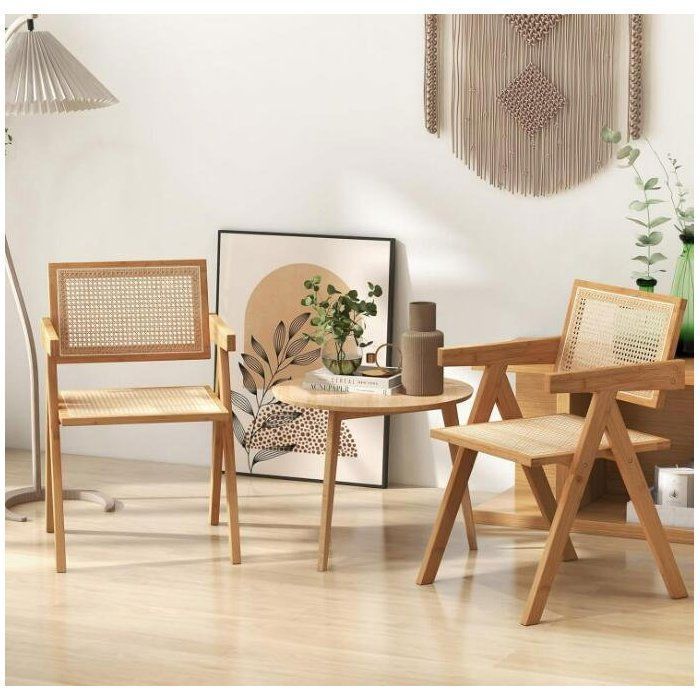 RELAX4LIFE Lot de 2 Chaises de Salle à Manger avec Accoudoirs, Fauteuil Salon en Bambou avec Dossier en Rotin, Naturel