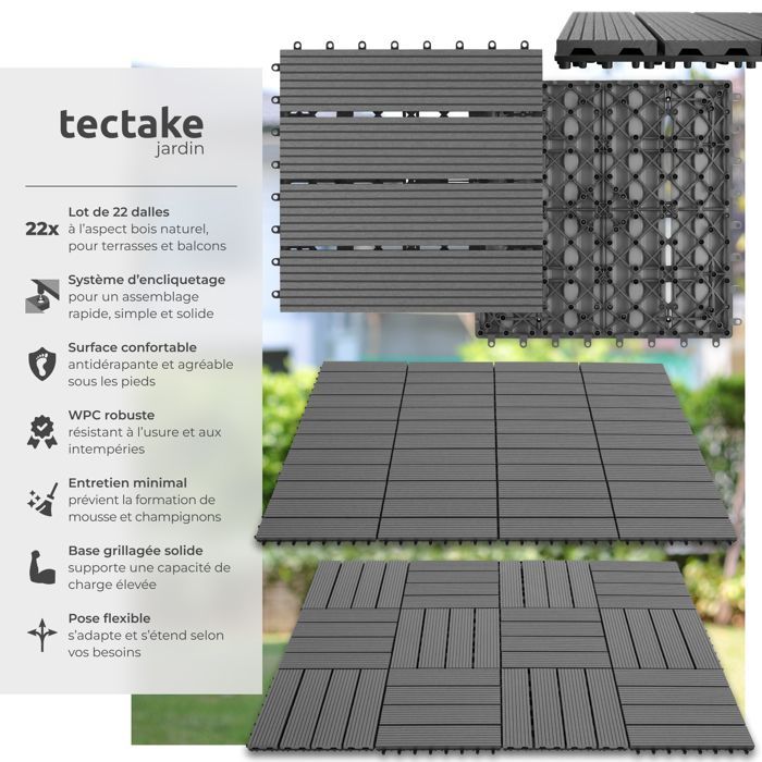 Terrassefliser - TECTAKE - Sæt med TEGULAS fliser i WPC, praktisk klik, skridsikker, 31 x 31 x 2,2 cm - grå