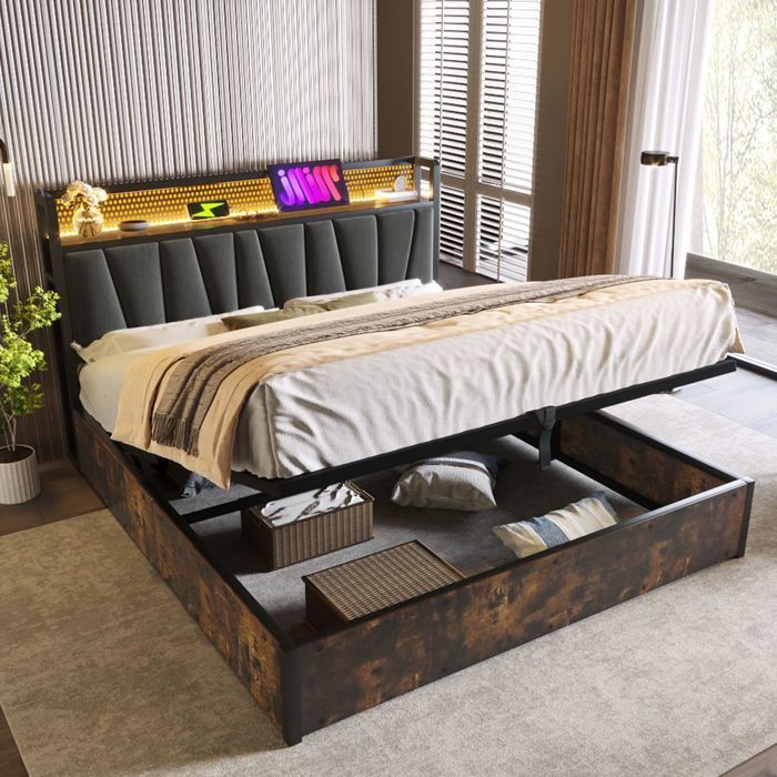 Lit capitonné 180x200, avec tête de lit LED, commande par appli, ports USB et design métallique premium lit double