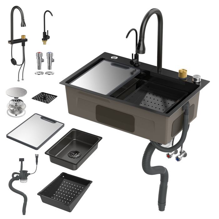Black stainless steel waterfall kitchen sink, 1 bowl bar sink with integrated cup rinser - undermount with numerous accessories