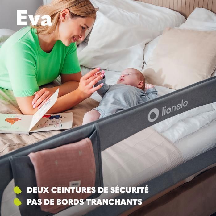 LIONELO Eva Babybettgitter – 150 x 42 cm – Faltbar – Sicherer und stabiler Rahmen – Leicht – Atmungsaktives Netzgewebe – Grau