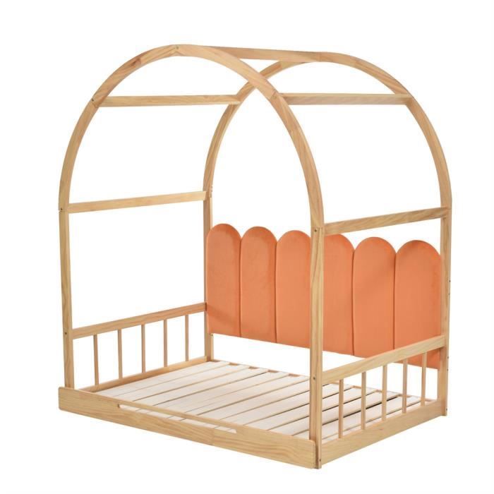 Litera extensible DRIPEX, cama deslizante, cama infantil con cojín de terciopelo, color natural y naranja (140x100cm/140x200cm)