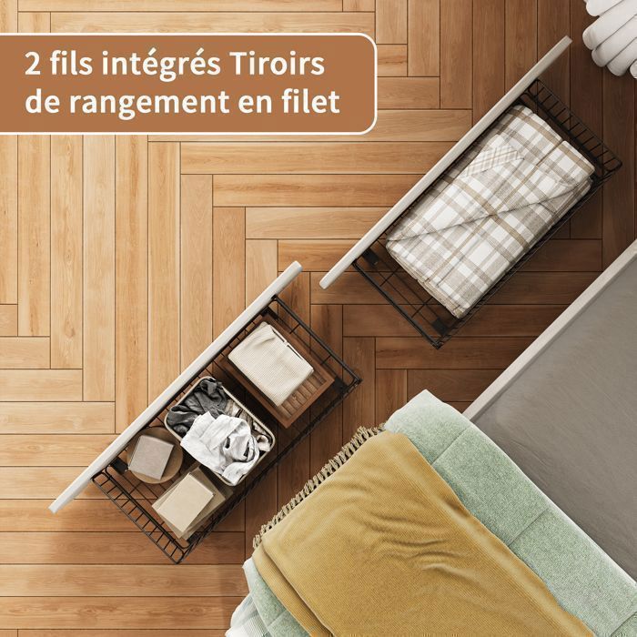 Divano letto convertibile - Click Clack - Velluto beige - 2 cassetti e vano portaoggetti - LED RGB e USB Type-C