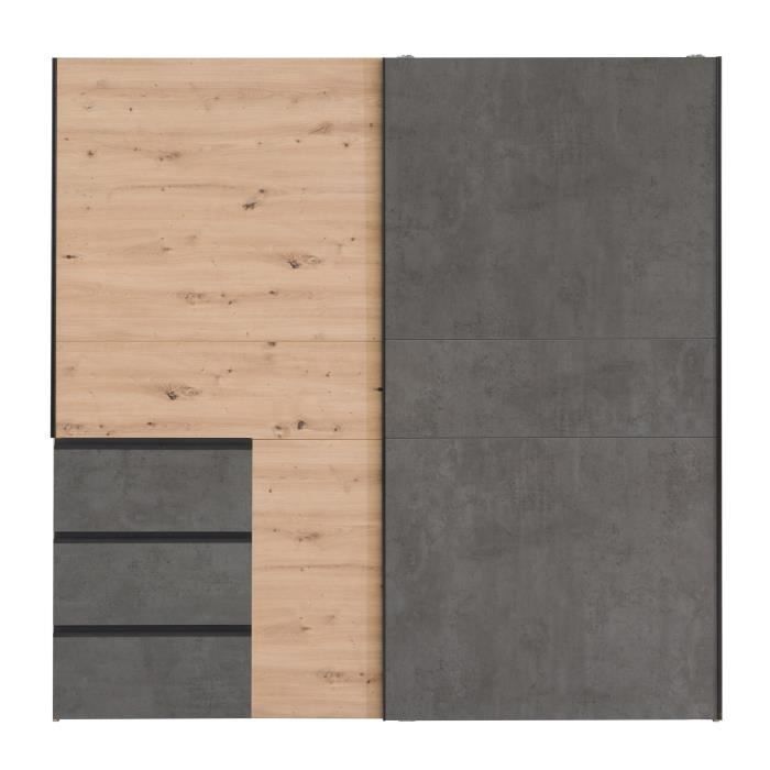 Kleiderschrank mit 2 Schiebetüren und 3 Schubladen – Ausführung: Eiche Artisan und grauer Beton – B 200,1 x T 61,2 x H 200,5 cm – WINN2