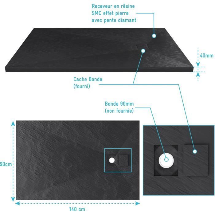 Piatto doccia in resina effetto pietra - AURLANE - 90 x 140 cm - Nero - Pendenza a diamante - Spessore 40 mm