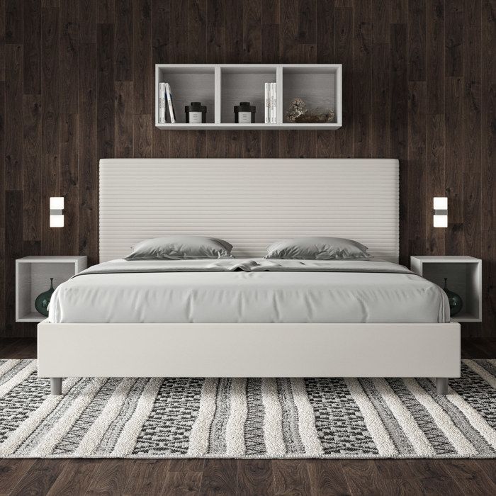 King size bed with storage, upholstered, 200x210 cm, white faux leather, Focus