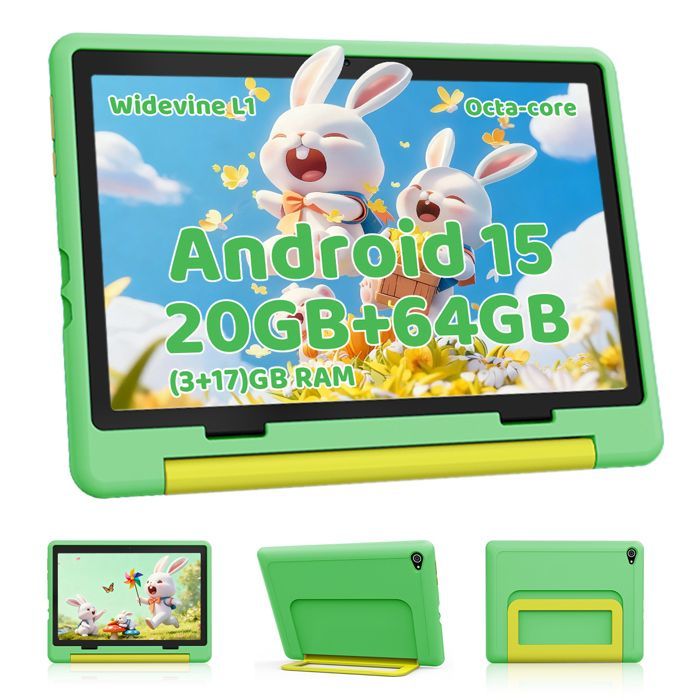 Tablette Enfant 10'' Android 15 pour les Enfants de 3 à 12 ans, Contrôle Parental, 20(3+17)Go+64Go de stockage (TF Expand 1TB), Vert