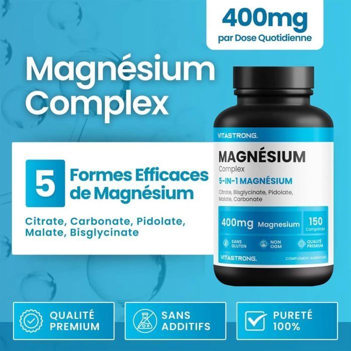 MAGNÉSIUM COMPLET 400mg - Magnésium 5 en 1 - Bisglycinate, Citrate, Pidolate, Malate, Carbonate