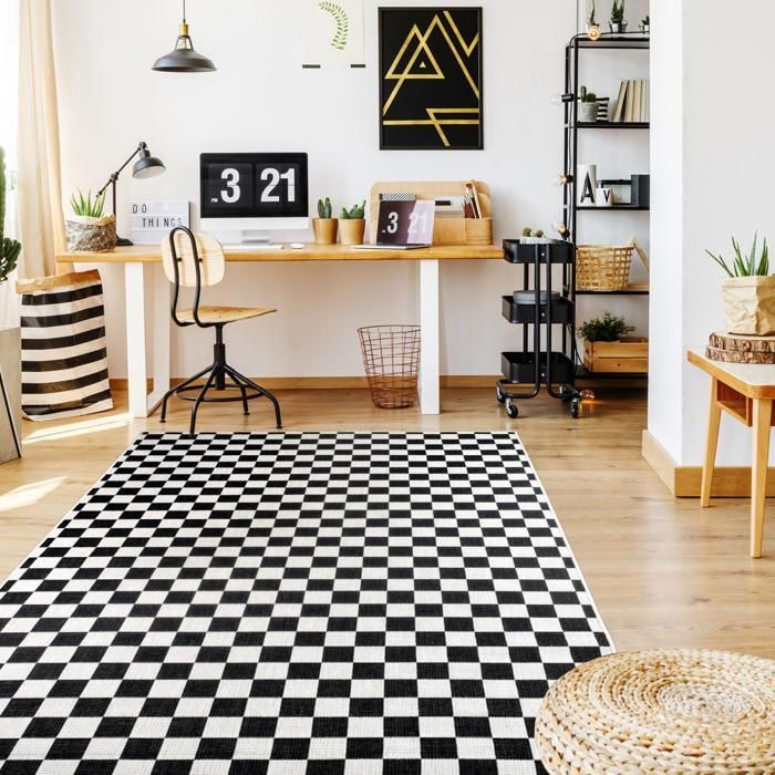 Tapis extérieur, kilim reversible 160x230 motif damier LYN2 X REVERSIBLE noir et blanc