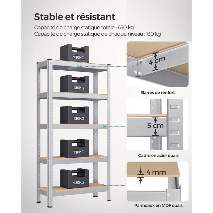 SONGMICS - 5-Tier Heavy Duty Shelving Unit - Silver - 30 x 75 x 150 cm - 650 kg Capacity