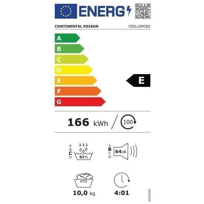 Secadora con bomba de calor CONTINENTAL EDISON CESL10PCB2 - 10 kg - 60 cm - Clase energética E - Negra