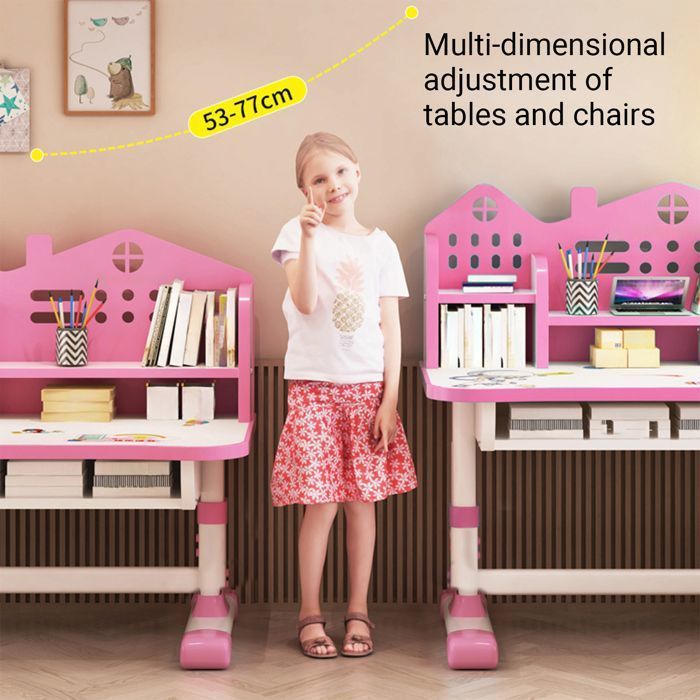 Ensemble bureau et chaise pour enfant,réglable en hauteur,avec étagère et tiroir,couleur rose,105x72,5x48,5cm