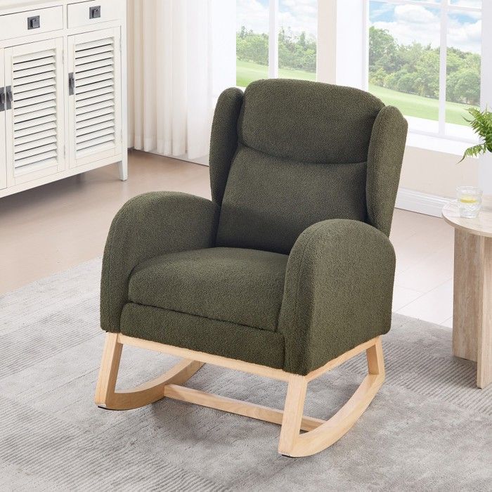 Rocking nursing chair with adjustable footrest, high back and comfortable Teddy fabric - Green