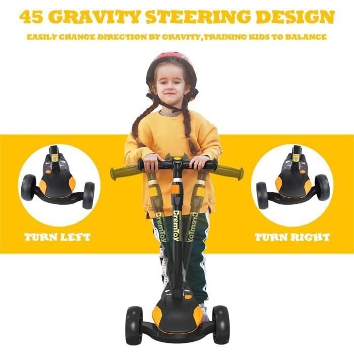 Patinete 3 en 1 para niños - BremToy - Amarillo y negro - Manillar regulable en altura - Ruedas LED