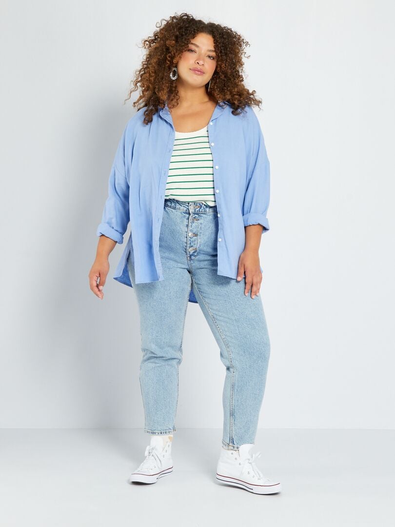 Calça jeans Mom Fit de cintura alta, tamanho 34L - 5 bolsos - Azul