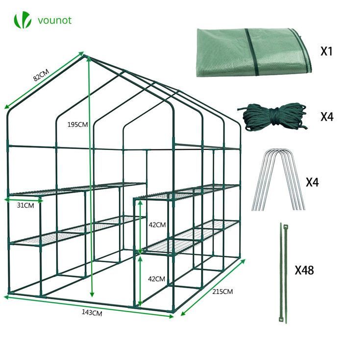 VOUNOT® Serre de jardin avec étagères 143x215x195cm vert - bâche renforcée 135g/m² - fenêtre moustiquaire - porte enroulable zippée