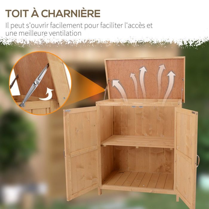 Armario de jardín Outsunny - mueble independiente con doble puerta, estante y techo elevable de betún - madera - 74x43x88cm
