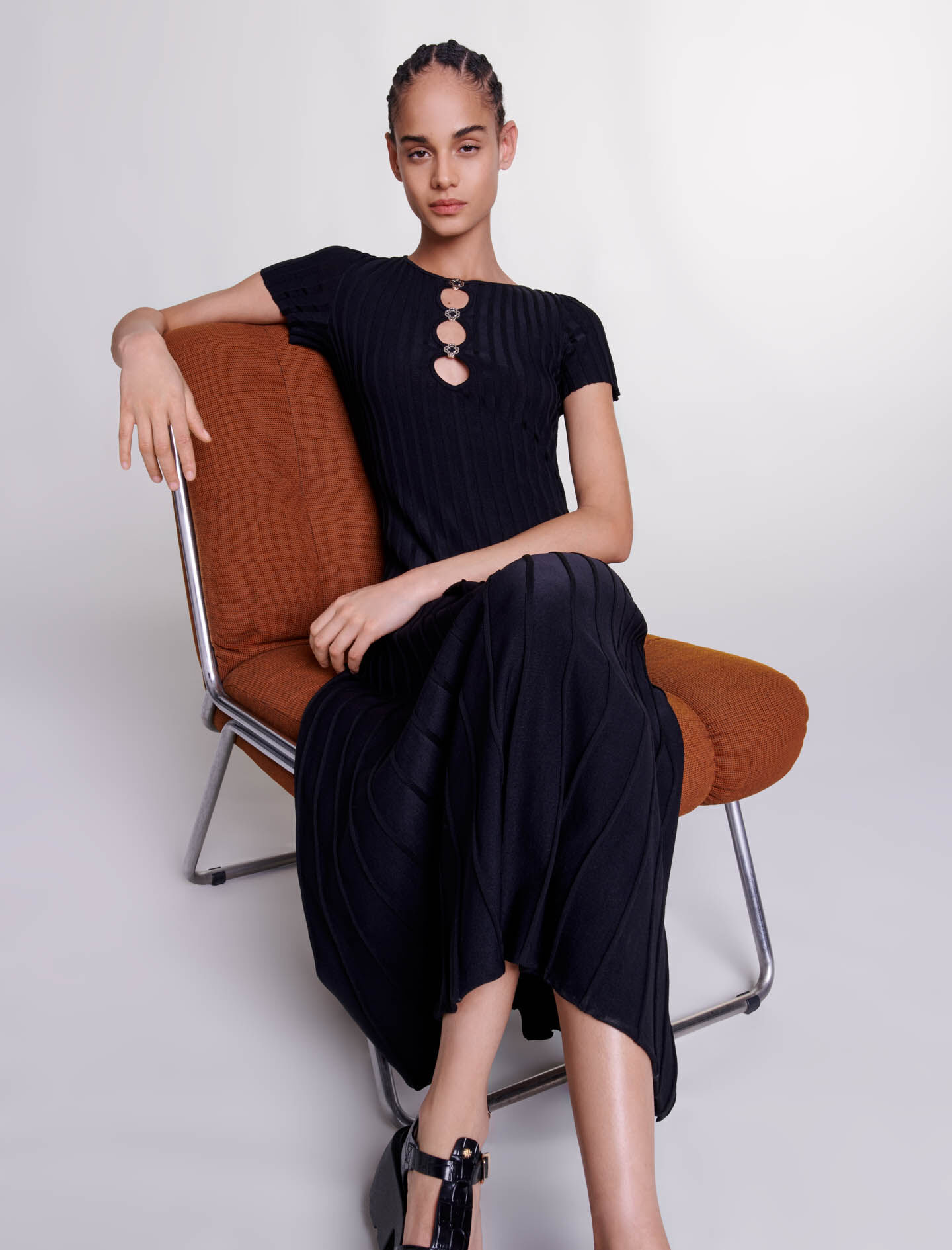 Rochie lungă tricotată cu nervuri - Negru