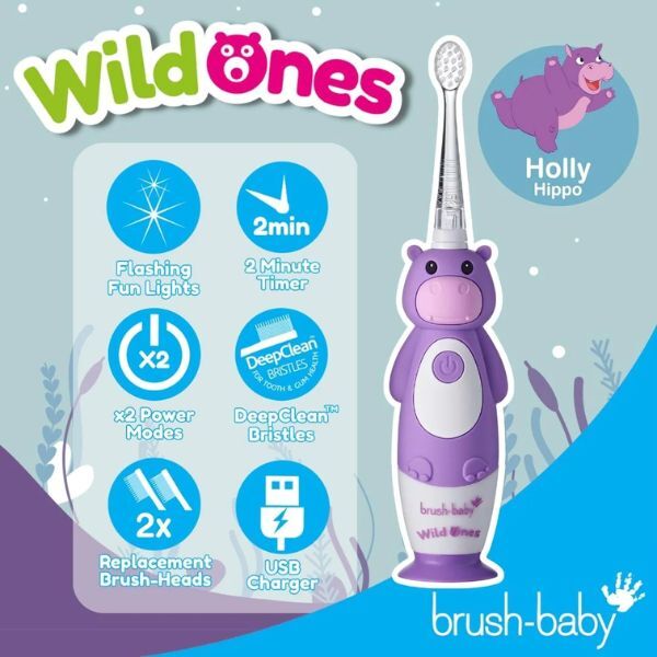 Zubní kartáček Brush Baby WildOnes - Hippo a zubní pasta s mátou jablečnou