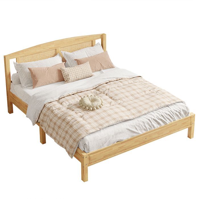 Lit adulte 160x200cm Lit double - avec lattes et pieds centraux - SWEIKO - pin + rotin PE Naturel