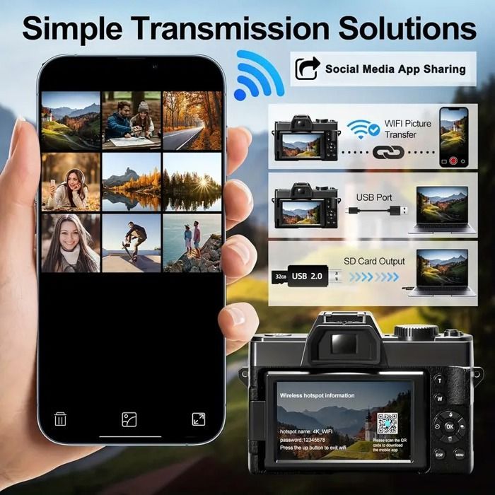 Digital cameras for 4K photography, 48MP with autofocus, vlogging camera including 32GB TF card & 2 batteries