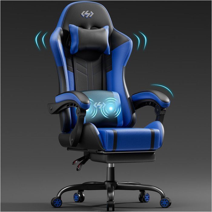 ECOFURNIX Fauteuil de Bureau Massant, Fauteuil Gaming Réglable avec Coussin de Massage Lombaire et Repose-Pieds, Noir et Bleu