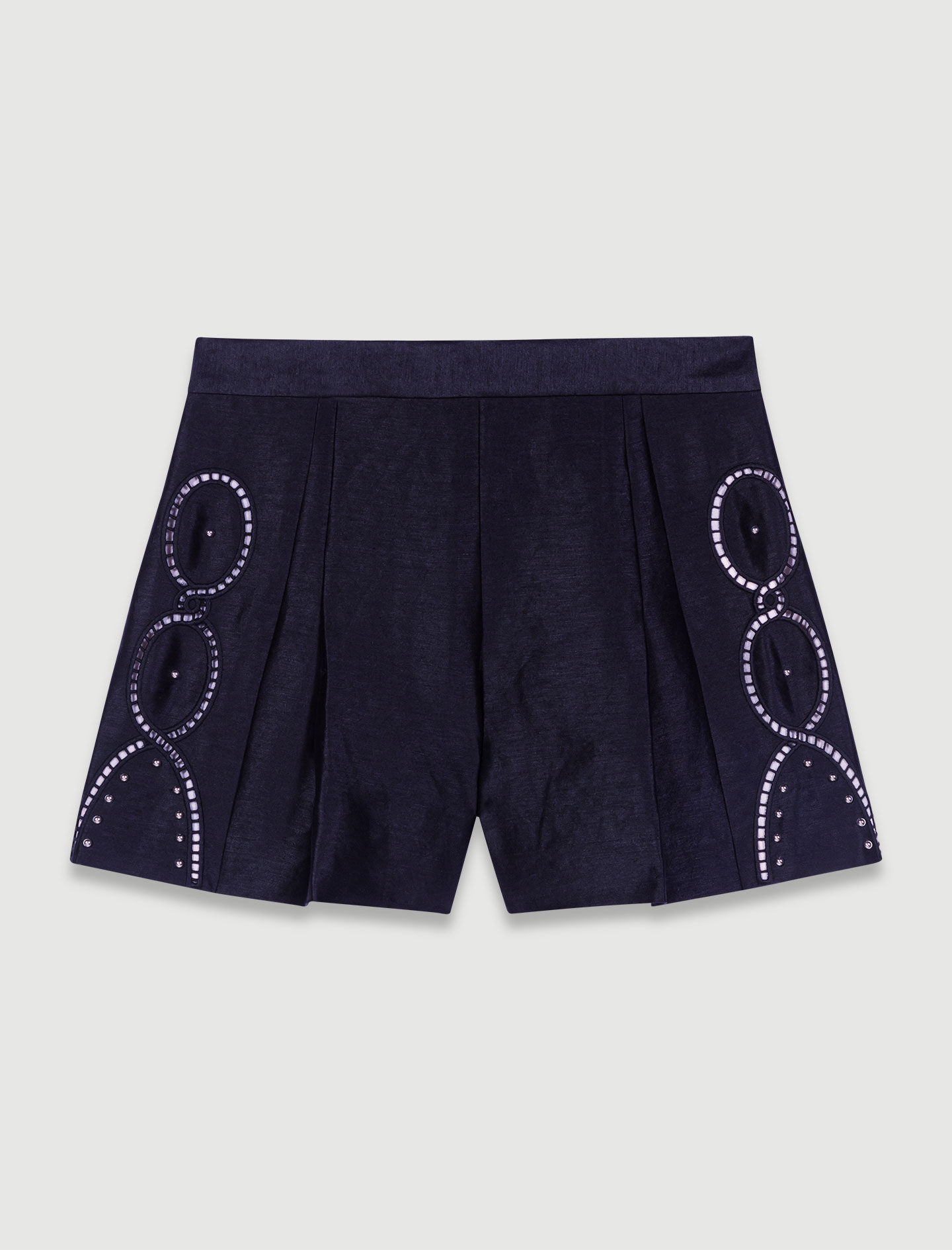 Pantaloni scurți din in ajurat cu nituri - Negru