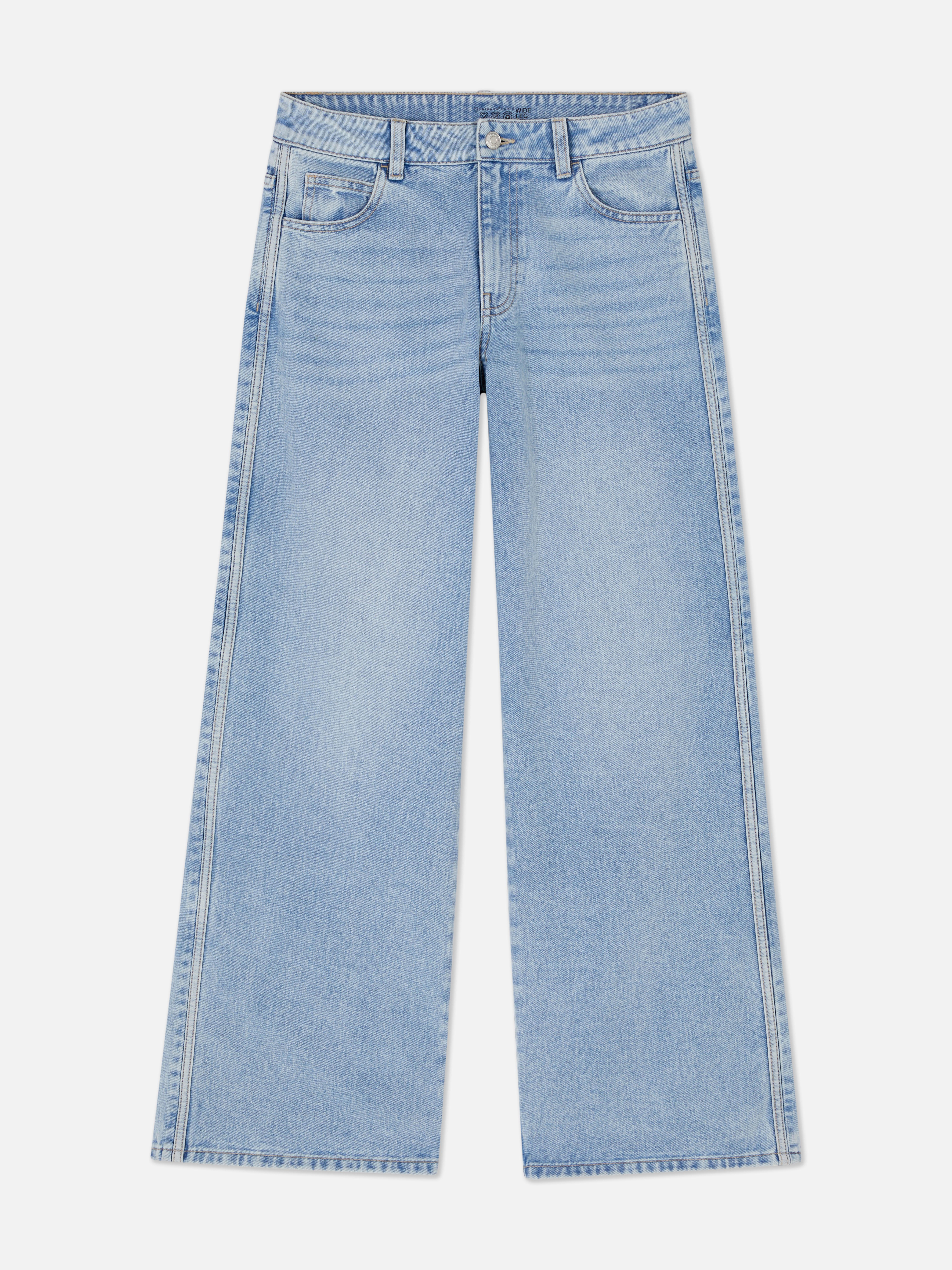 Jeans con striscia laterale e gamba larga. Questi jeans hanno gamba larga, cinque tasche, passanti per la cintura e chiusura nascosta sul davanti.