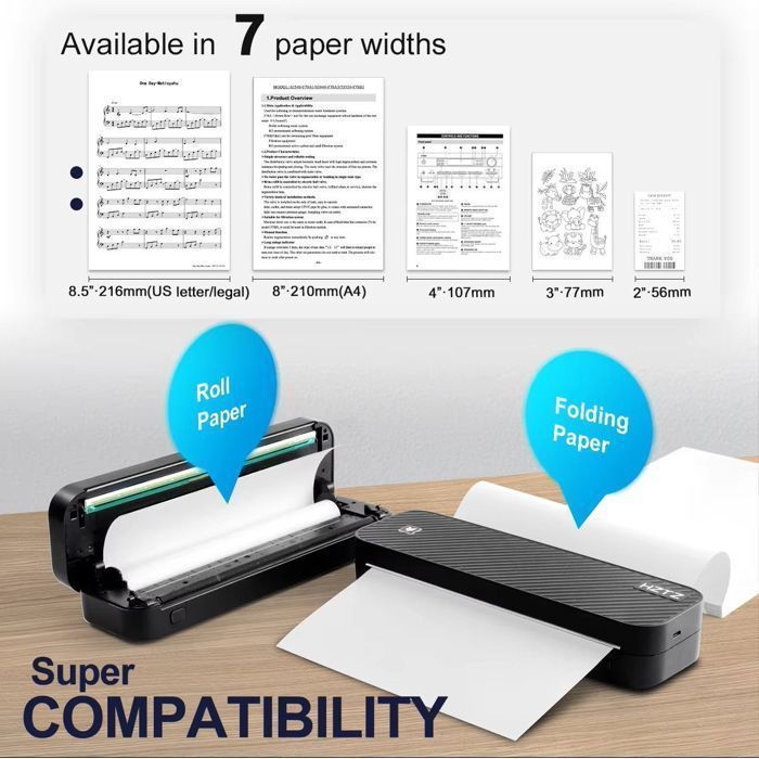 Imprimante Thermique A4 Portable, Bluetooth et USB, 300 DPI, Batterie 2600mAh, 3 Rouleaux Papier Inclus