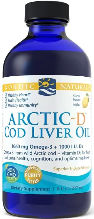 Arctic-D Cod Liver Oil, Smak cytrynowy, Olej z dzikiego dorsza arktycznego z witaminą D3, Smak cytrynowy, Płyn